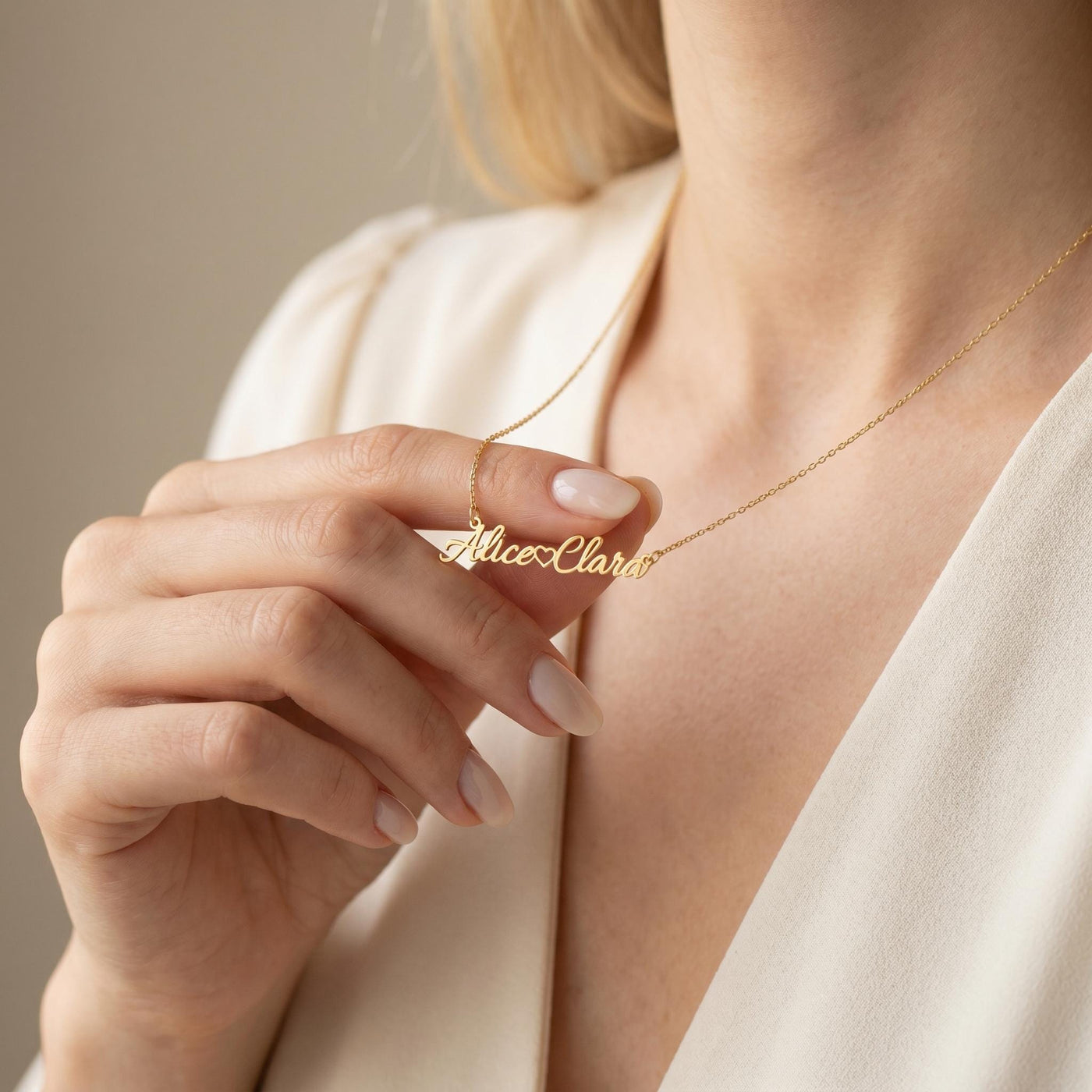 Personalisierte Doppelnamen-Halskette, vergoldetes Sterlingsilber, Herz-Namensschild, individueller Schmuck mit zwei Namen