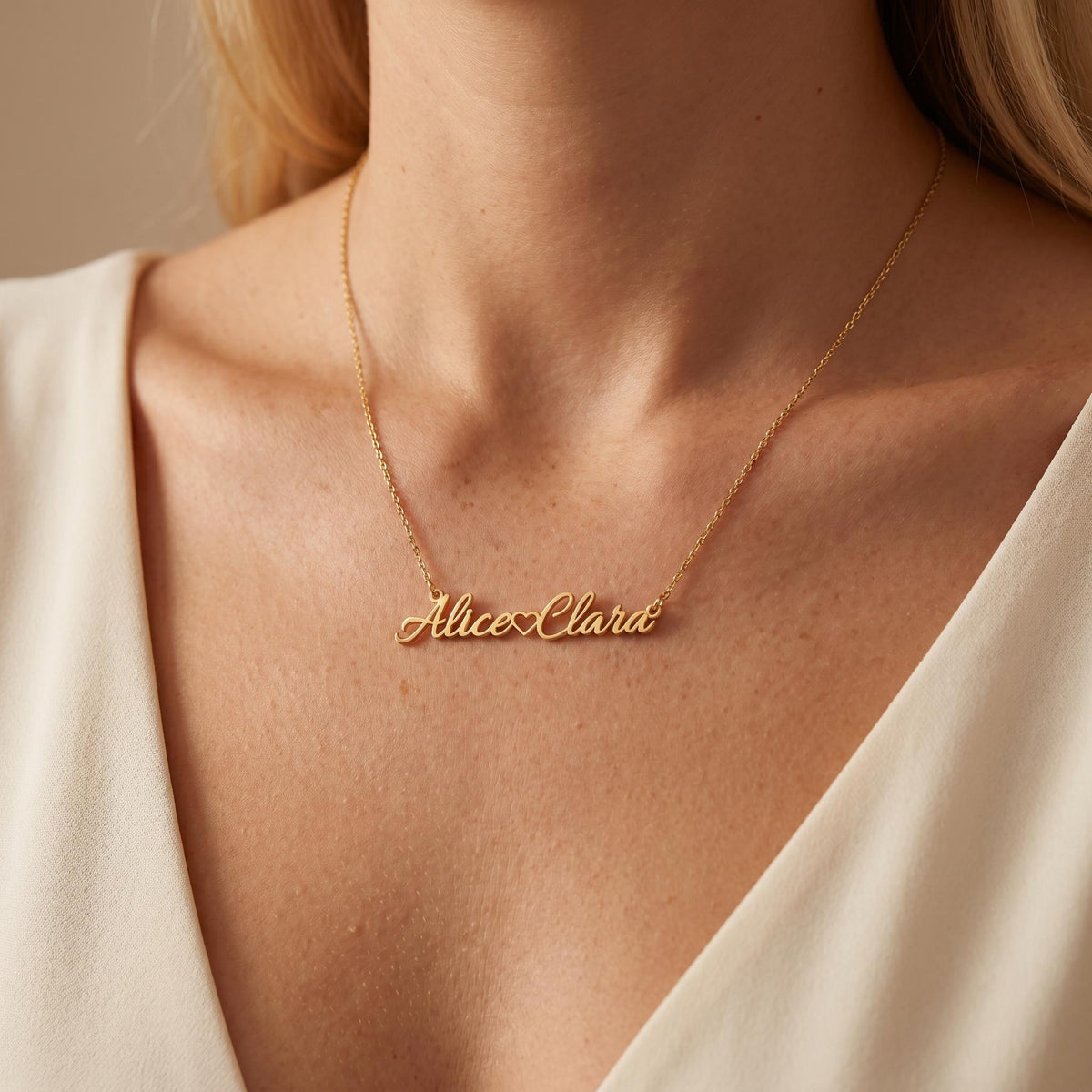 Personalisierte Doppelnamen-Halskette, vergoldetes Sterlingsilber, Herz-Namensschild, individueller Schmuck mit zwei Namen